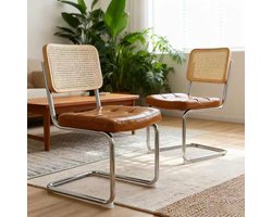 MEUNIQ Eetkamerstoelen set van 2 met chromen buisframe, rattan rugleuning, gestoffeerde zitting en stapelbaar ontwerp voor eetkamer, keuken en woonkamer, bruin