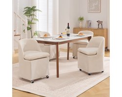 MEUNIQ eetkamerstoelen set van 2 met wielen, chenille stoelen zonder armleuningen met afneembare hoes en 360° draaibare universele rollen, beige