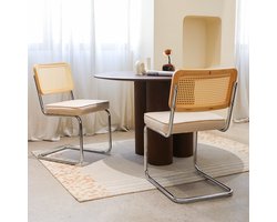 MEUNIQ Eetkamerstoelen set van 4 beige met velvet zitting, rotan rugleuning en verchroomd buisframe, stapelbare normale eetkamerstoel voor eetkamer of keuken