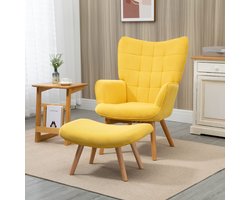 MEUNIQ fauteuil met hocker 72 x 80 x 101 cm, oorfauteuil met armleuningen, houten poten en cord-look stof, lounge stoel voor woonkamer en leeshoek, geel