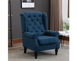 MEUNIQ fauteuil met hoge rugleuning en knopen, 74 x 86 x 102 cm, gepolsterde 1-zits loungestoel met armleuningen en houten poten voor woonkamer of slaapkamer, blauw