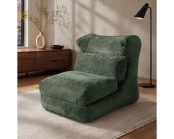 MEUNIQ Fauteuil omvormbaar tot ligstoel – groene stoffen loungestoel met foamvulling zonder armleuningen voor woonkamer en slaapkamer