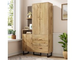 MEUNIQ garderobekast 110 x 38 x 186 cm met open vakken, hanggedeelte, 2 lades en opbergruimte voor hal of entree, zwart en naturel