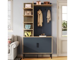 MEUNIQ Garderobekast halmeubel 100 x 40 x 190,5 cm met kapstokhaken, verstelbare plank, 4 zijplanken en schoenenvak, naturel en zwart