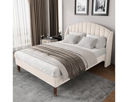 MEUNIQ gestoffeerd bed 140x200 cm met lattenbodem en hoog hoofdbord, tweepersoons bedframe van fluweel voor slaapkamer, beige