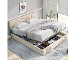 MEUNIQ gestoffeerd bed 140x200 cm met lattenbodem, verstelbaar hoofdbord en fluweelbekleding, tweepersoons bedframe voor slaapkamer met middenbalk, steunpoten Beige