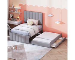 MEUNIQ Gestoffeerd eenpersoonsbed 90 x 200 cm met uitschuifbed, 3 lades en verstelbaar hoofdbord, kinderbed of jeugd bed voor slaapkamer, grijs