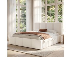 MEUNIQ gestoffeerd tweepersoonsbed 180 x 200 cm met lattenbodem, gevoerd hoofdbord en Bouclé stof, bedframe 222 x 202 x 94 cm voor de slaapkamer, beige