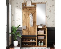 MEUNIQ Halmeubel 100 x 38 x 185 cm met spiegel, gepolsterde zitbank, schoenenkast, haken en softclose-scharnieren voor hal, zwart en naturel