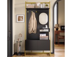 MEUNIQ Halmeubel 78 x 38,5 x 180,5 cm met spiegel, metalen haken, open planken, schoenenopberging en dubbele deuren voor de hal – zwart