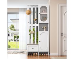 MEUNIQ Halmeubel 85 x 33,5 x 200 cm met 2 kasten, glazen deuren, 6 haken, lade, schoenenbank en schoenvakken voor de entree, wit