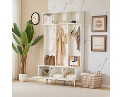 MEUNIQ Halmeubel met garderobe, opbergbank en open vakken – 120 x 40 x 191,5 cm – 6 gouden haken, klepopbergruimte voor hal – Wit