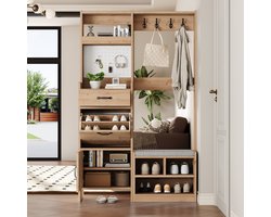 MEUNIQ Halmeubel met schoenenbank, 4 kledinghaken, pegboard, open vak, 1 lade en 2 deuren – 108,5 x 35 x 180 cm – entree en hal – naturel en wit