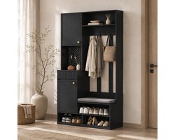 MEUNIQ halmeubel met zitbank en kussen, 4 haken, deuren, 2 lades en open vakken – B 100 x D 35 x H 180 cm – zwarte garderobekast voor hal
