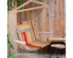 MEUNIQ Hangstoel met kussen en houten dwarsstang, tot 100 kg belastbaar, licht opvouwbaar voor woonkamer, balkon, tuin en camping, multicolor
