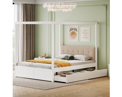 MEUNIQ Hemelbed 140x200 cm met 2 bedlades, gestoffeerd hoofdbord, lattenbodem en witte afwerking, bedframe voor kinderkamer