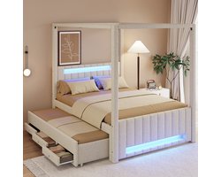 MEUNIQ hemelbed 140x200 cm met uitschuifbed, 3 lades en LED-verlichting, gestoffeerd bedframe met lattenbodem voor slaapkamer, beige
