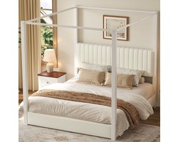 MEUNIQ Hemelbed 180x200 cm tweepersoons bed met gestoffeerd hoofdbord, metalen frame en lattenbodem, bedframe voor slaapkamer of logeerkamer, beige en wit