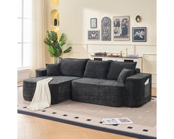MEUNIQ hoekbank met chaiselongue 262 x 144 x 65 cm, chenille, diepe zit, zijvak, zonder montage, modern modulair 4-zits model in zwart