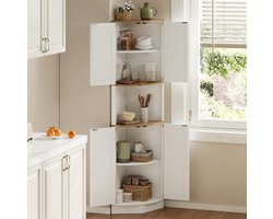 MEUNIQ hoekkast 39,5 x 39,5 x 180 cm met 5 opbergvakken, deuren en open vak, vintage opbergkast voor keuken, eetkamer of woonkamer, wit