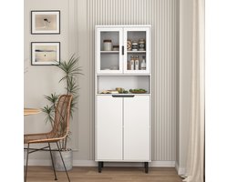 MEUNIQ Hoge boekenkast 60 x 35 x 160 cm met 4 deuren, glazen vitrinedeuren, verstelbare plank en open vak, opbergkast voor woonkamer, slaapkamer of kantoor, wit