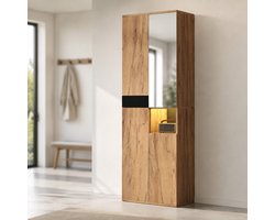 MEUNIQ Hoge kast 65 x 35 x 190 cm met spiegel, vier deuren, open opbergvak en twaalf vakken voor georganiseerde opbergruimte, naturel en zwart