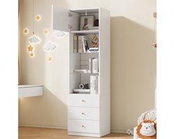 MEUNIQ hoge kast boekenkast vitrine 50 x 40 x 180 cm met verstelbare glazen planken, 3 lades en deur, opbergkast voor hal of slaapkamer, wit