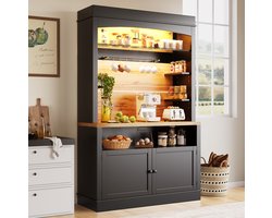 MEUNIQ hoge keukenkast 107 x 43 x 184 cm met LED-verlichting, open schappen, 2 deuren, hangrail en 6 haken, opbergkast voor keuken of woonkamer, zwart
