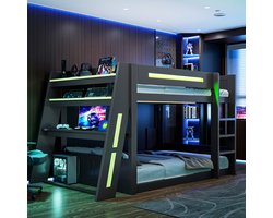 MEUNIQ hoogslaper 140x200 cm met bureau, 2 opbergvakken, USB-aansluiting en LED-verlichting, houten bedframe voor slaapkamer of werkkamer, zwart en groen