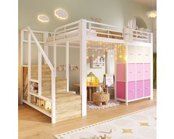 MEUNIQ hoogslaper 140x200 cm met trap met opbergruimte, lades, kledingstang en veiligheidshekje voor slaapkamer of kinderkamer in wit metaal
