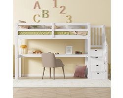 MEUNIQ Hoogslaper 90 x 200 cm met bureau en opbergruimte, met trap en uitvalbeveiliging, kinderbed voor slaapkamer of kinderkamer, wit