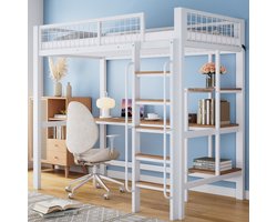 MEUNIQ hoogslaper 90x200 cm met bureau en opbergplanken, metalen bedframe met 5-treeds ladder en uitvalbeveiliging voor kinderkamer, wit en naturel