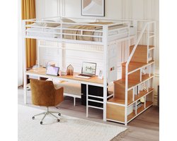 MEUNIQ hoogslaper met bureau, LED, stopcontacten, open opbergruimte en stoffen lades, 140 x 200 cm boven en 90 x 200 cm onder, wit