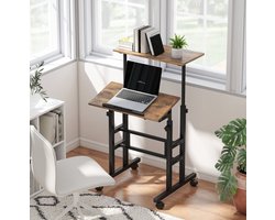MEUNIQ hoogteverstelbaar bureau 60 x 60 cm met kantelbaar werkblad, 4 wielen en 2 remmen, computertafel voor werkkamer of thuiskantoor, bruin
