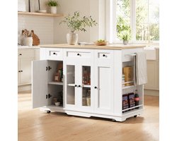 MEUNIQ keukeninsel / keukenwagen 151,5 x 60 x 91,7 cm met klapbare zijtafels, glazen kastdeuren, verstelbare indeling en houtlook werkblad, voor keuken