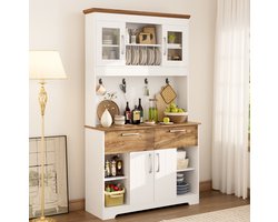 MEUNIQ keukenkast 106 x 39 x 176,5 cm buffetkast met vitrinedeuren, 2 lades, deuren en hakenlijst, opbergkast voor keuken, eetkamer of hal, wit