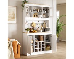 MEUNIQ Keukenkast met opzetkast 106 x 39 x 175 cm - buffetkast met glazen deuren, open vakken, wijnrek en hakenlijst voor keuken of eetkamer - wit naturel
