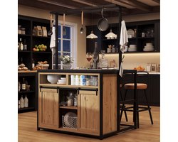 MEUNIQ keukenkast met werkblad en stroomaansluiting, 107 x 62 x 183 cm, open vakken, schuifdeuren en hangrek, keuken en eetkamer, houtlook