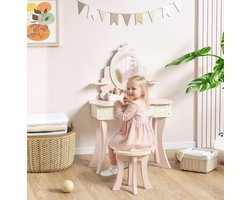 MEUNIQ kinder kaptafel met stoel en afneembare spiegel 2-in-1, kinderschrijftafel met lade en 7 accessoires, 59,8 x 29,6 x 89,8 cm, roze