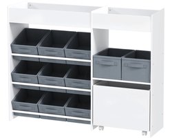 MEUNIQ Kinder opbergkast 105 x 30 x 80 cm met 11 stoffen opbergboxen, bovenste vakken en kast voor boeken en speelgoed in de kinderkamer - Wit