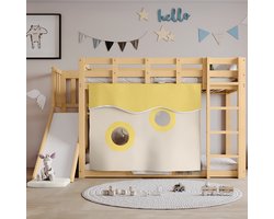 MEUNIQ Kinder stapelbed 90x200 cm met glijbaan, trap, bedgordijn en uitvalbeveiliging, houten bed voor kinderkamer in naturel