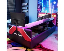 MEUNIQ kinderbed 90x200 cm in e-sport-stijl met LED-verlichting, hydraulische opbergruimte en geïntegreerde tv-houder, kunstleren bekleding, zwart rood
