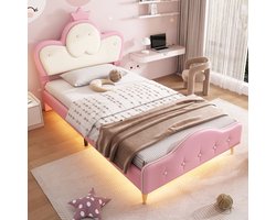 MEUNIQ kinderbed 90x200 cm met LED-verlichting, kroonvormig hoofdbord, zachte beschermranden, lattenbodem en metalen steunpoten voor kinderkamer in roze en wit