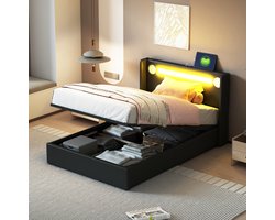 MEUNIQ kinderbed 90x200 cm met opbergruimte, LED-verlichting, Bluetooth-speler en 2 USB-oplaadpoorten, kunstleren bedframe met lattenbodem, zwart