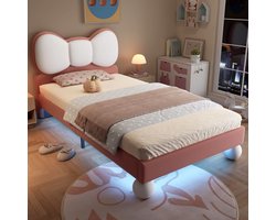 MEUNIQ Kinderbed 90x200 cm met vlindervormig hoofdbord, LED-lichtstrip onder bed, lattenbodem en fluwelen bekleding, eenpersoonsbed voor kinderkamer, roze en beige