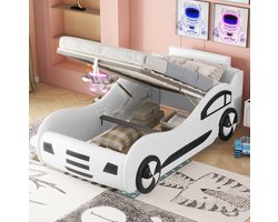 MEUNIQ kinderbed autobed 90 x 200 cm met lattenbodem en hydraulische opbergruimte, bedframe voor kinderkamer, zonder matras, wit