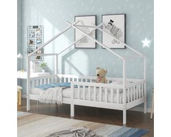 MEUNIQ Kinderbed huisbed 90x200 cm met veiligheidshek en lattenbodem, wit grenen bedframe voor kinderkamer en jeugdkamer, matras niet inbegrepen