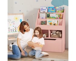 MEUNIQ Kinderboekenrek met lade en 2 open vakken, kinder opbergkast voor kinderkamer of speelkamer, MDF, roze, 60 x 29,9 x 90 cm