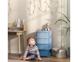 MEUNIQ kinderkast met 4 lades 37 x 37 x 76 cm, kunststof opbergkast voor kinderkamer of speelkamer, ronde hoeken, uitneembare laden, blauw