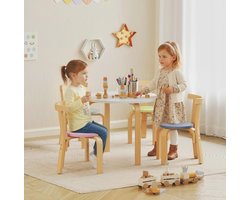 MEUNIQ Kindertafel- en stoelenset 5-delig van hout, 1 tafel en 4 stoelen, 60 x 60 x 50 cm, multicolor, voor kinderkamer en speelruimte